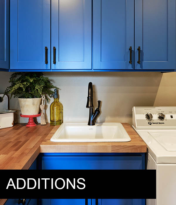 blue cabients with wooden countertops