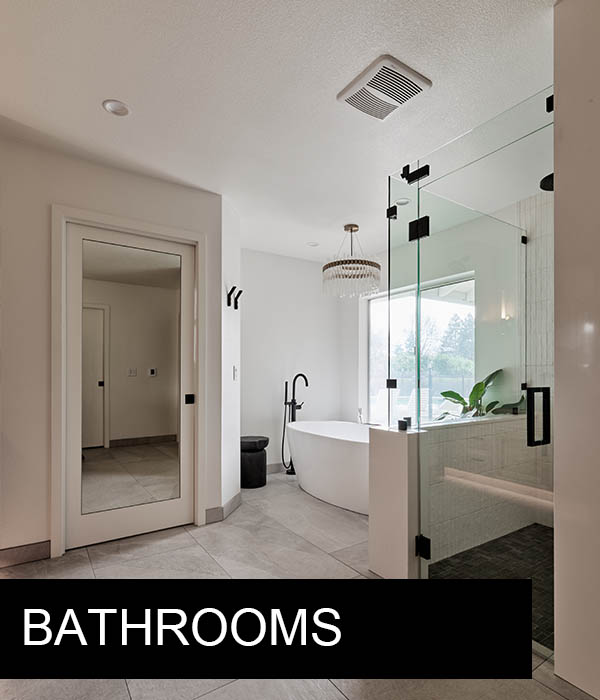 white bathroom with a glass shower and white bathtub